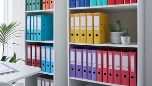 Archivadores y carpetas organizados y etiquetados